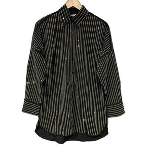 Maximalist Unisex Iridescent Rhinestone Button Front Top XL-2XL‎ Oversized Disco